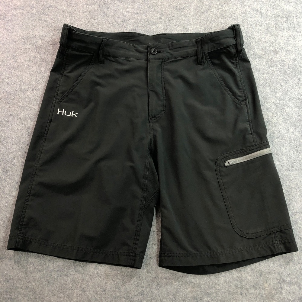 Huk Mens Fishing Shorts 36x10 Black Performance Cargo Zipper Pockets Breathable